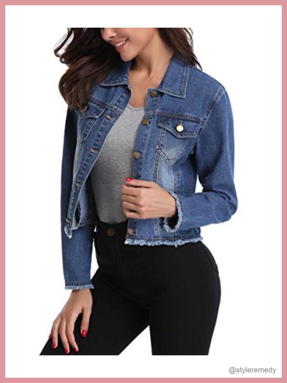 Womens Cropped Denim Jacket Frayed Washed Cotton Button Up
